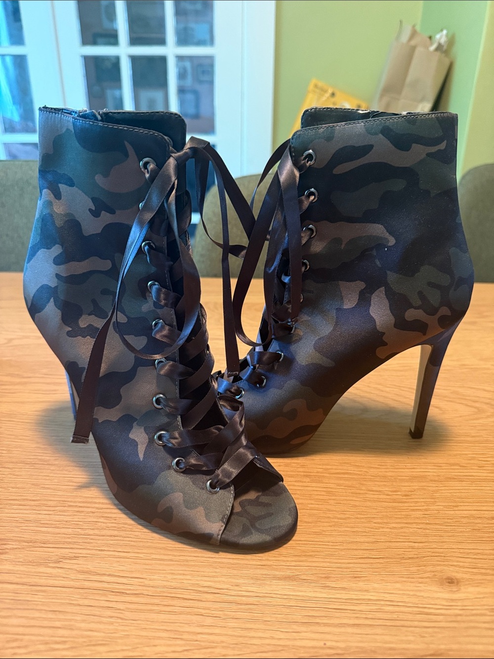 Aldo Camo Lace-Up Peep-Toe Ankle Boots - Black & Green